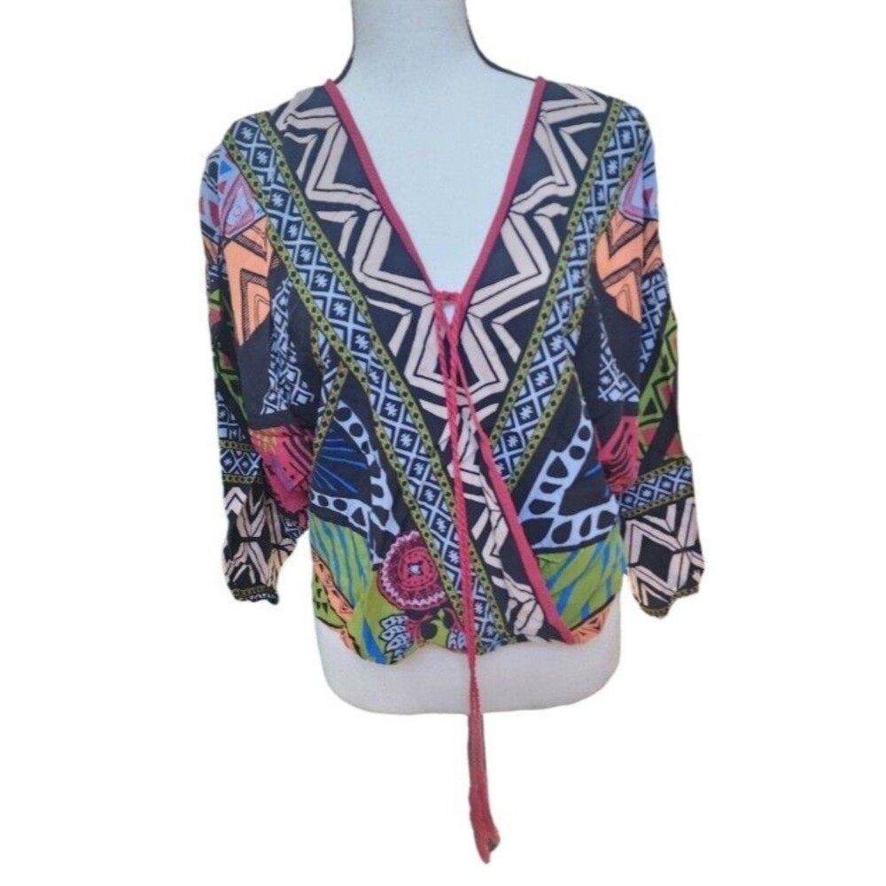 Flying Tomato Size Large Boho Tassel Tie Blouse Artsy Colorful